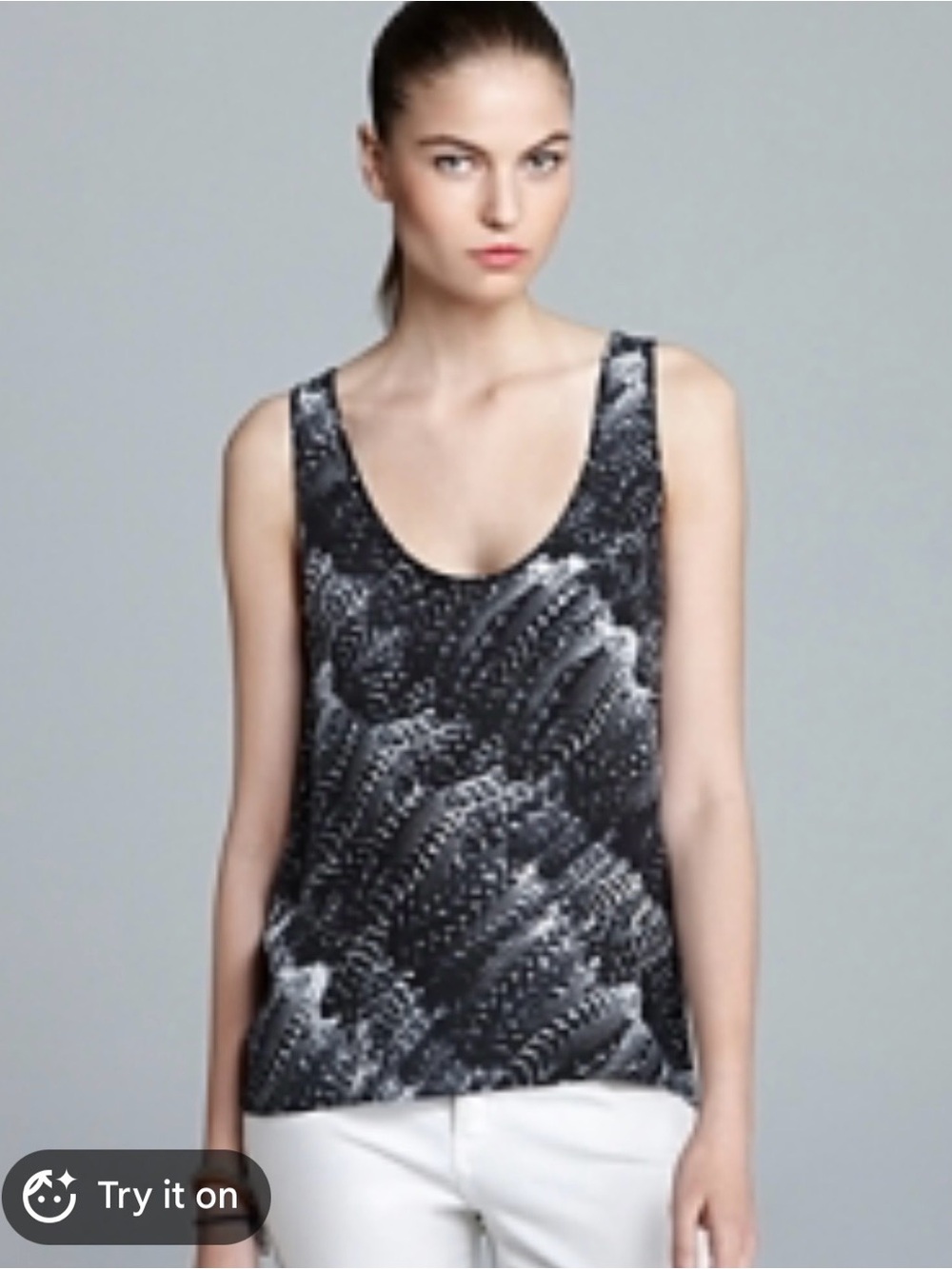 Joie 100% Silk Tank Top ASO Abby Whelan XS Feather Print Black Loose Drapey